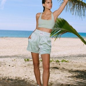 New Balance x Staud green shorts